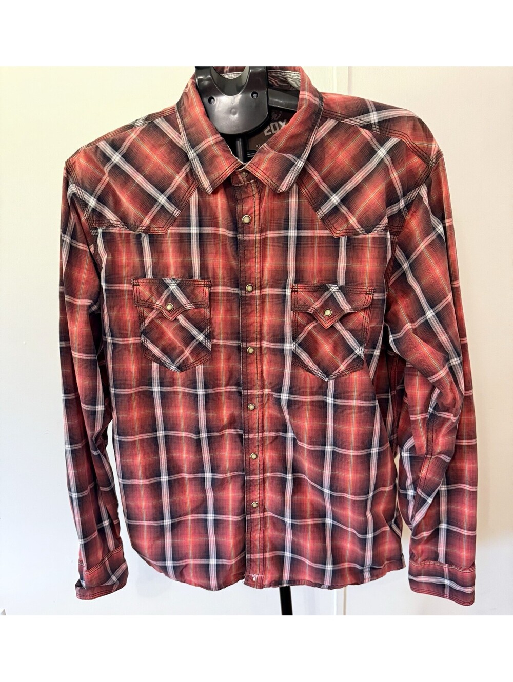 Wrangler Shirt XL Men’s 20X Pearl Snap Western Red White Plaid Long Sleeve